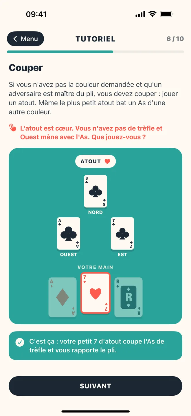 Le tutoriel, leçon « Couper » : le 7 de cœur d’atout coupe l’As de trèfle, réponse validée