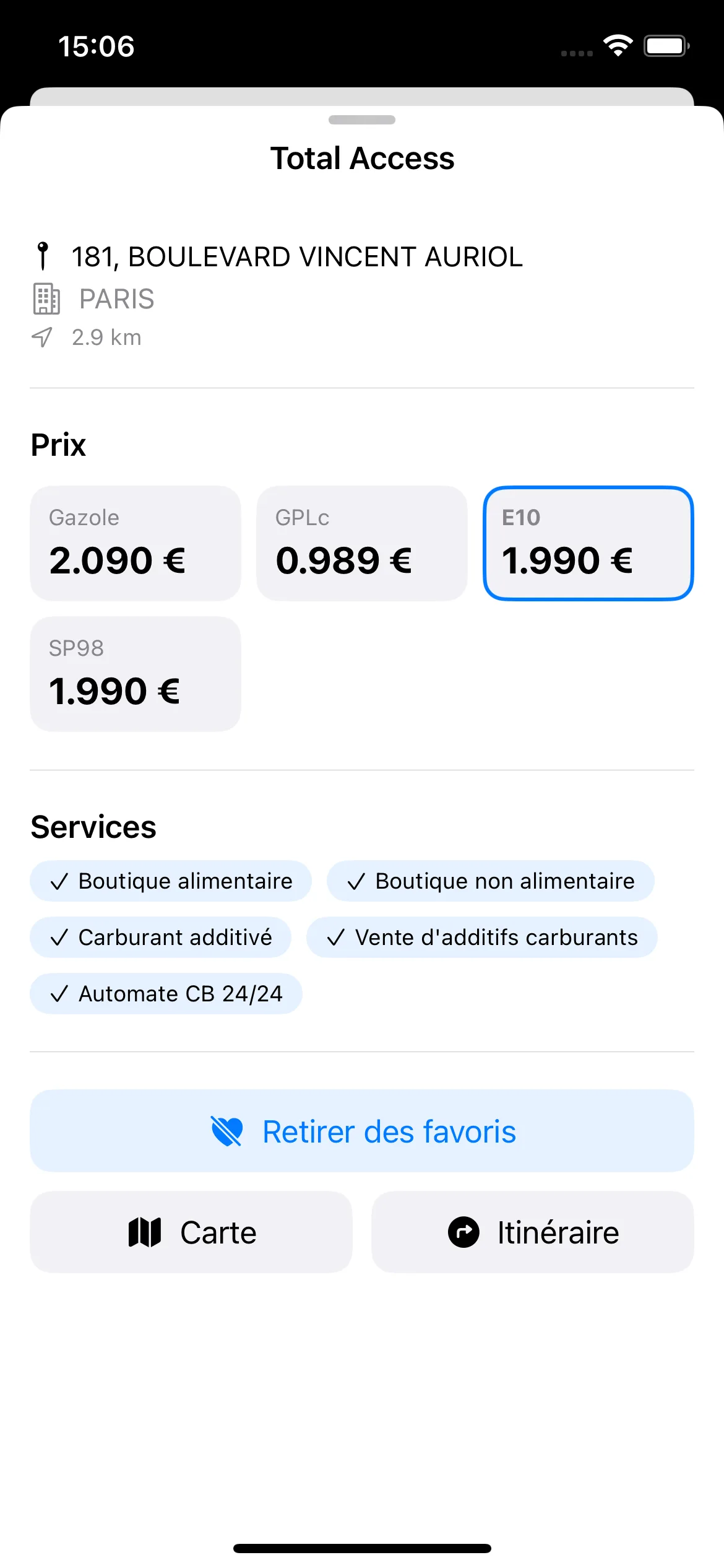 Le détail d'une station et ses prix