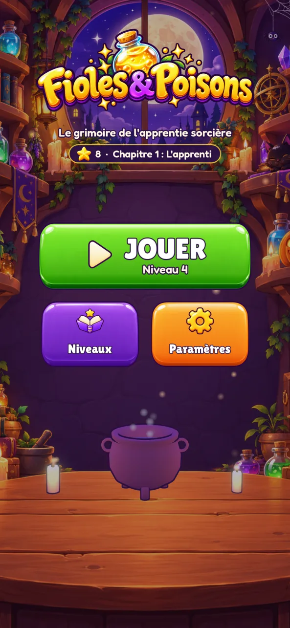 L’accueil : le titre Fioles & Poisons sous la pleine lune, « Le grimoire de l’apprentie sorcière » et le bouton « Jouer · Niveau 4 »
