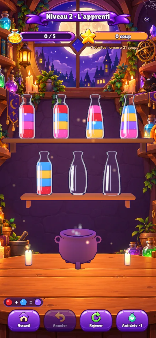 Le niveau 2, L’apprenti : sept fioles sur les étagères du laboratoire, le chaudron au centre et la recette rouge + bleu = violet