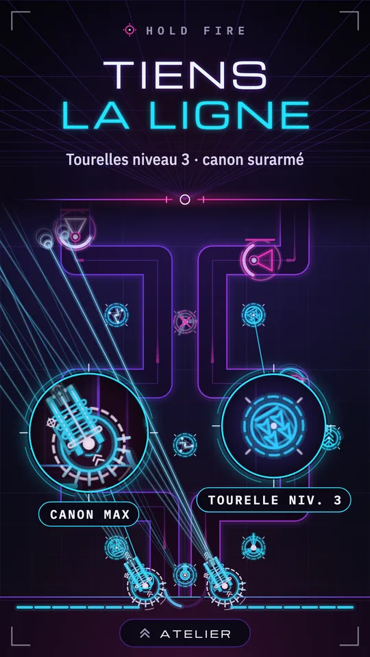 Le canon au niveau maximum et une tourelle de niveau 3, grossis dans deux loupes : leur apparence change avec le niveau