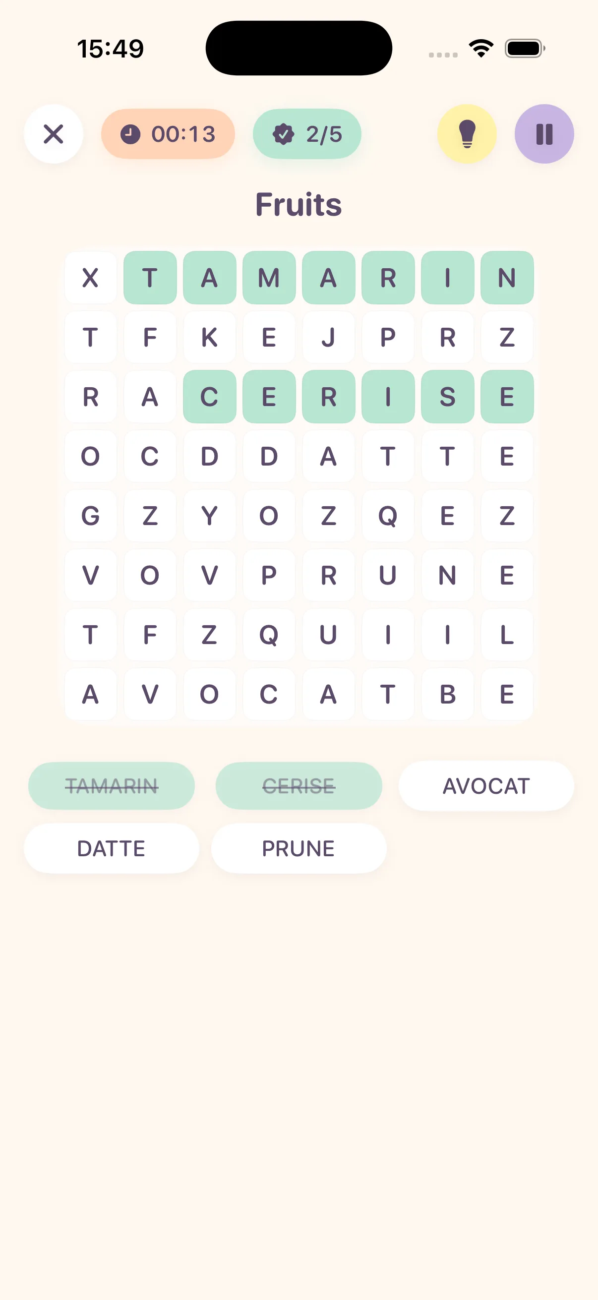 Une grille de mots mêlés en cours