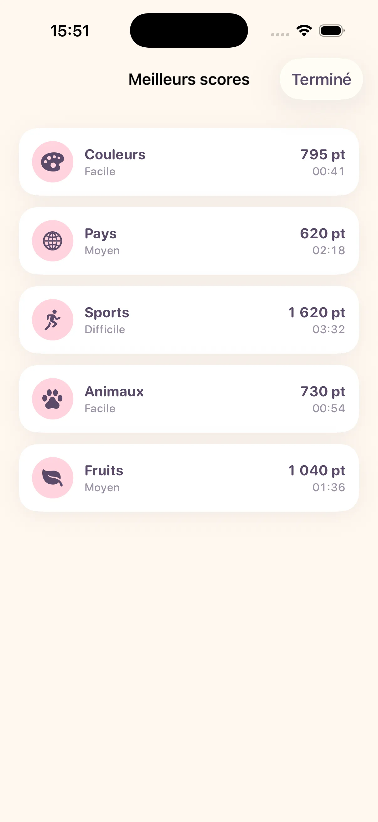 Les scores conservés sur l'appareil