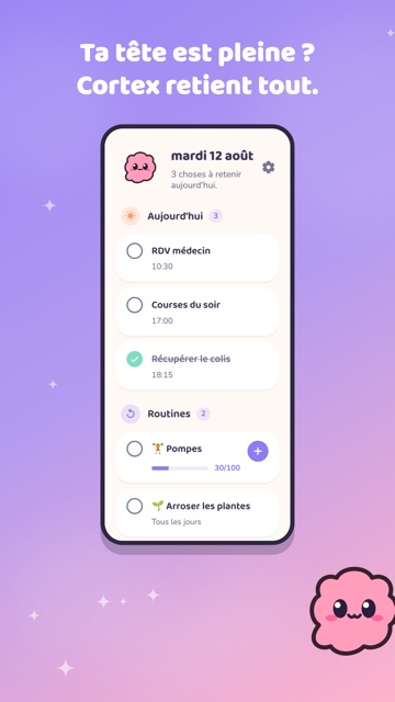 Écran d'accueil de Remindo avec les tâches du jour