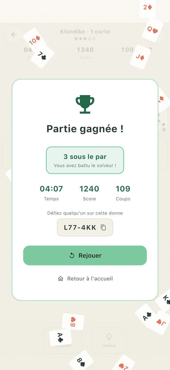 Écran de victoire annonçant trois coups sous le par, avec le code de défi