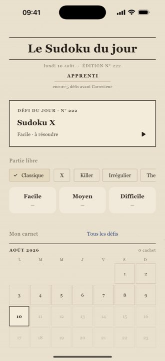 Écran d'accueil du Sudoku du jour avec le carnet de tampons