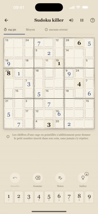 Partie de Sudoku killer en cours, cages en pointillés