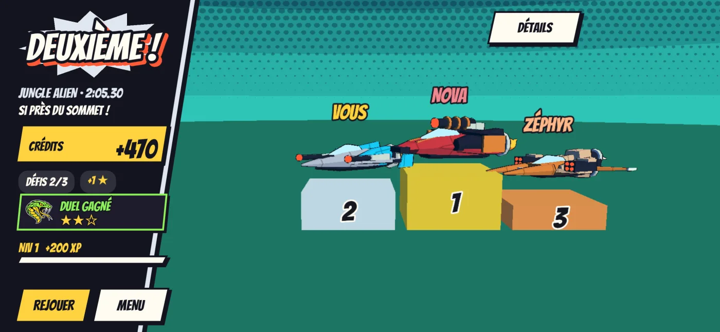 Le podium d’arrivée : « DEUXIÈME ! » à la Jungle alien, +470 crédits, duel gagné contre le rival
